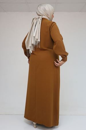 52015 Büyük Beden Taş Detaylı Krep Elbise - Taba