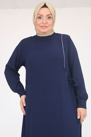 52015 Büyük Beden Taş Detaylı Krep Elbise - Lacivert