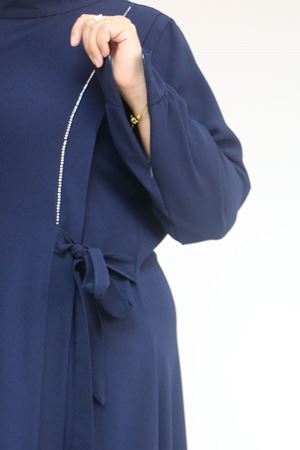 52015 Büyük Beden Taş Detaylı Krep Elbise - Lacivert