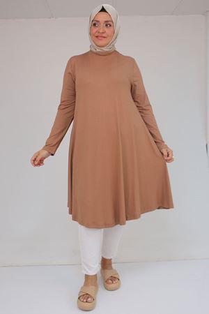 28016 Büyük Beden Mevlana Penye Tunik - Koyu Vizon