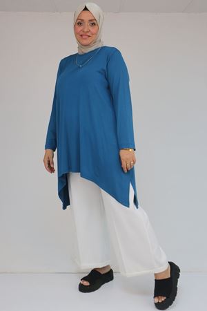 58070 Büyük Beden Asimetrik Kesim Penye Tunik - Petrol