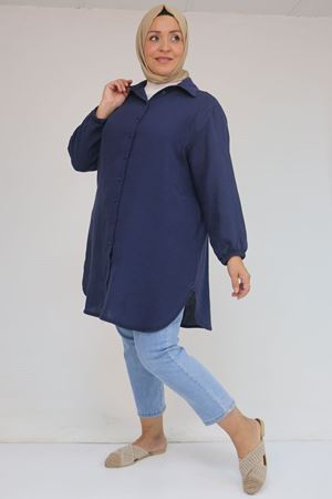 58091 Büyük Beden Kolları Lastikli Müslin Gömlek - Lacivert