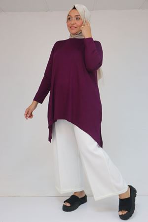 58070 Büyük Beden Asimetrik Kesim Penye Tunik - Mürdüm