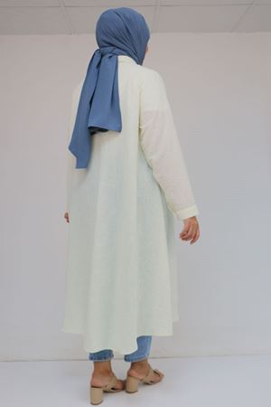 58087 Büyük Beden Taş Baskı Detaylı Keten Mevlana Tunik - Ekru