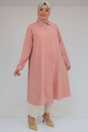 58087 Büyük Beden Taş Baskı Detaylı Keten Mevlana Tunik - Pudra