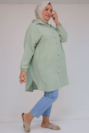 58091 Büyük Beden Kolları Lastikli Müslin Gömlek - Nefti