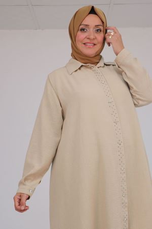 58087 Büyük Beden Taş Baskı Detaylı Keten Mevlana Tunik - Bej