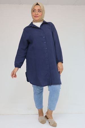 58091 Büyük Beden Kolları Lastikli Müslin Gömlek - Lacivert