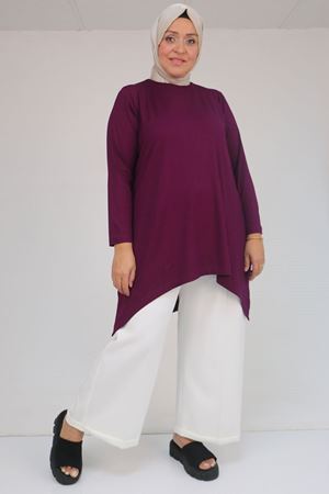 58070 Büyük Beden Asimetrik Kesim Penye Tunik - Mürdüm