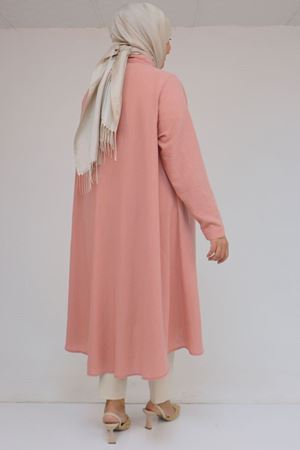 58087 Büyük Beden Taş Baskı Detaylı Keten Mevlana Tunik - Pudra