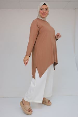 58070 Büyük Beden Asimetrik Kesim Penye Tunik - Koyu Vizon