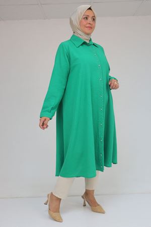 58087 Büyük Beden Taş Baskı Detaylı Keten Mevlana Tunik - Beneton