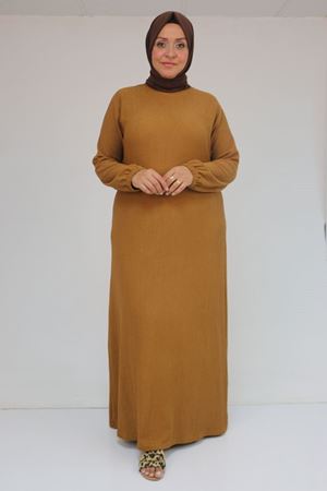 32025 Büyük Beden Bürümcük  Kolu Lastikli Elbise - Taba