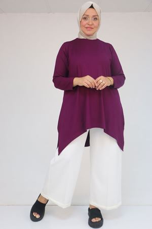 58070 Büyük Beden Asimetrik Kesim Penye Tunik - Mürdüm