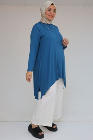 58070 Büyük Beden Asimetrik Kesim Penye Tunik - Petrol