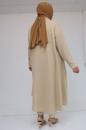 58087 Büyük Beden Taş Baskı Detaylı Keten Mevlana Tunik - Bej