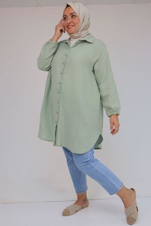 58091 Büyük Beden Kolları Lastikli Müslin Gömlek - Nefti