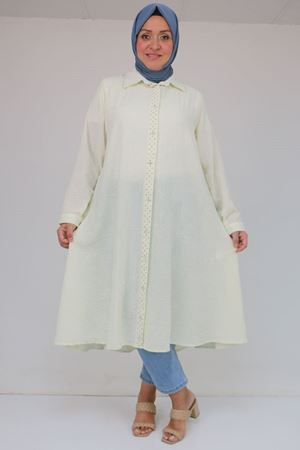 58087 Büyük Beden Taş Baskı Detaylı Keten Mevlana Tunik - Ekru