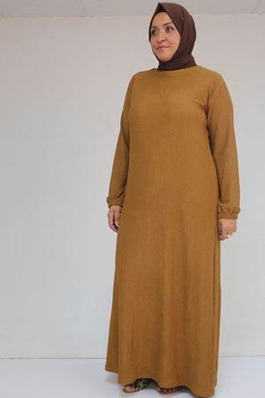 32025 Büyük Beden Bürümcük  Kolu Lastikli Elbise - Taba