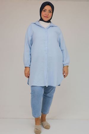58091 Büyük Beden Kolları Lastikli Müslin Gömlek - Açık Mavi