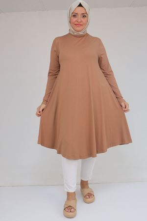 28016 Büyük Beden Mevlana Penye Tunik - Koyu Vizon