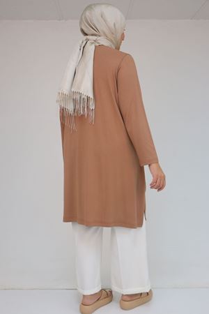 58070 Büyük Beden Asimetrik Kesim Penye Tunik - Koyu Vizon