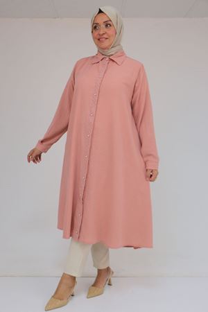 58087 Büyük Beden Taş Baskı Detaylı Keten Mevlana Tunik - Pudra