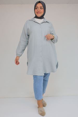 58091 Büyük Beden Kolları Lastikli Müslin Gömlek - Gri