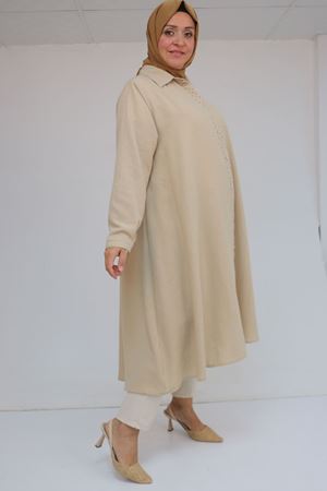 58087 Büyük Beden Taş Baskı Detaylı Keten Mevlana Tunik - Bej