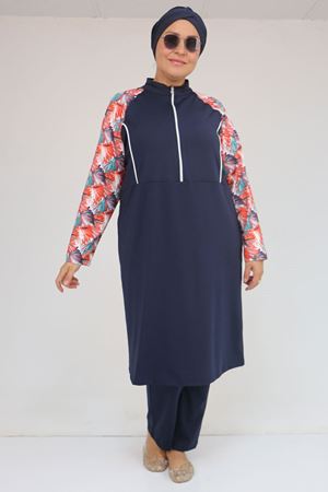 1733 Büyük Beden Fermuarlı Tesettür Mayo - Yaprak Desen Oranj