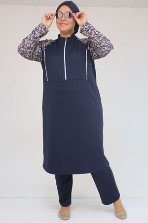 1733 Büyük Beden Fermuarlı Tesettür Mayo - Etnik Desen Lacivert