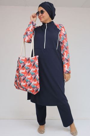 1733 Büyük Beden Fermuarlı Tesettür Mayo - Yaprak Desen Oranj