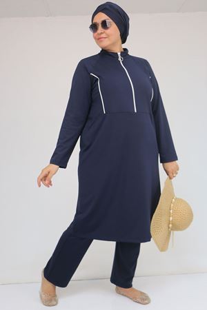 1733 Büyük Beden Fermuarlı Tesettür Mayo - Lacivert