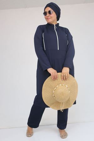 1733 Büyük Beden Fermuarlı Tesettür Mayo - Lacivert