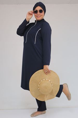 1733 Büyük Beden Fermuarlı Tesettür Mayo - Lacivert