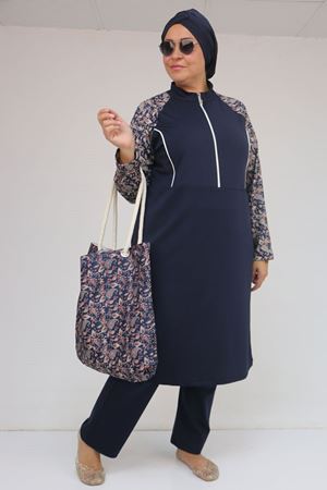 1733 Büyük Beden Fermuarlı Tesettür Mayo - Etnik Desen Lacivert