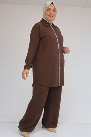 57036 Büyük Beden Krep Kol Manşetli Pantolonlu Takım - Kahve
