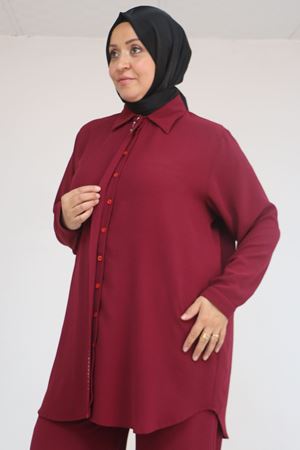 57036 Büyük Beden Krep Kol Manşetli Pantolonlu Takım - Bordo