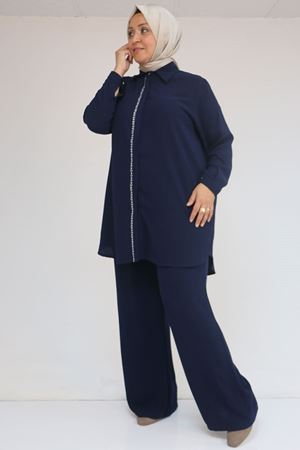 57036 Büyük Beden Krep Kol Manşetli Pantolonlu Takım - Lacivert