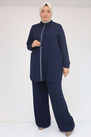 57036 Büyük Beden Krep Kol Manşetli Pantolonlu Takım - Lacivert