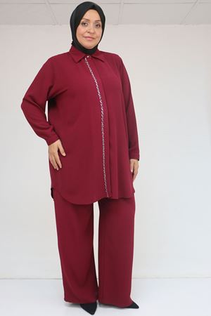 57036 Büyük Beden Krep Kol Manşetli Pantolonlu Takım - Bordo