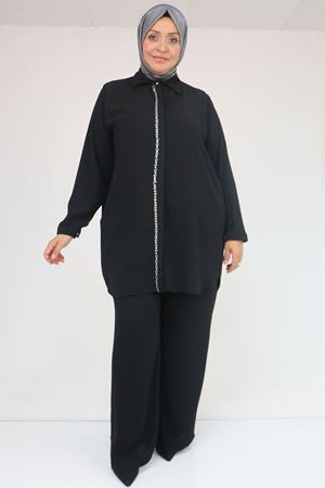 57036 Büyük Beden Krep Kol Manşetli Pantolonlu Takım - Siyah