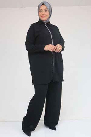 57036 Büyük Beden Krep Kol Manşetli Pantolonlu Takım - Siyah