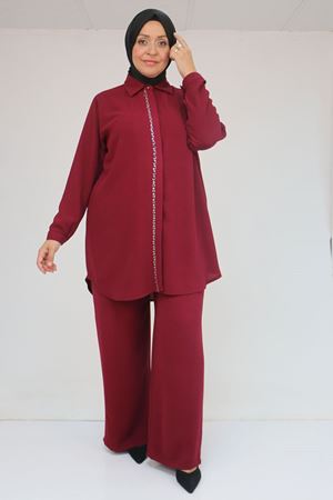 57036 Büyük Beden Krep Kol Manşetli Pantolonlu Takım - Bordo