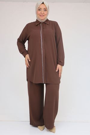 57036 Büyük Beden Krep Kol Manşetli Pantolonlu Takım - Kahve