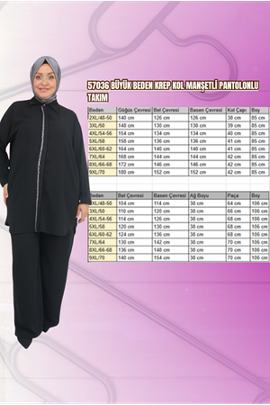 57036 Büyük Beden Krep Kol Manşetli Pantolonlu Takım - Siyah