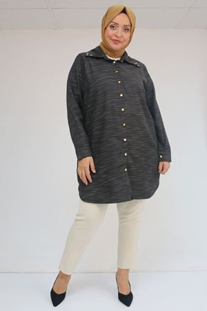 58094 Büyük Beden Düğmeli Yakası Detaylı Tunik - Siyah Kırçıllı