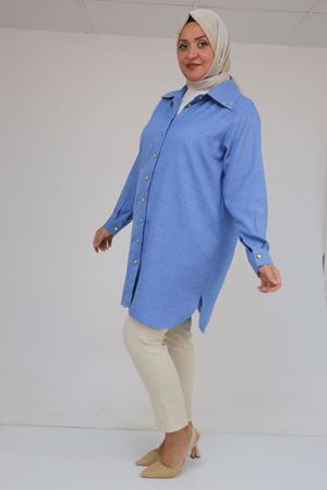 58094 Büyük Beden Düğmeli Yakası Detaylı Tunik - İndigo Kırçıllı