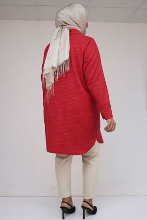 58094 Büyük Beden Düğmeli Yakası Detaylı Tunik - Kırmızı Kırçıllı