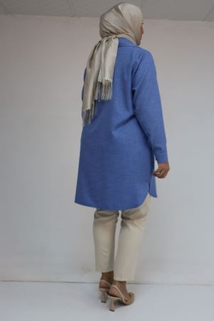 58094 Büyük Beden Düğmeli Yakası Detaylı Tunik - İndigo Kırçıllı